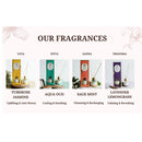 Infografik mit vier Ayurveda-Diffusor-Düften: Tuberose Jasmin, Aqua Oud, Salbei Minze und Lavendel Zitronengras