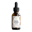 Eine isolierte bernsteinfarbene Flasche "Conseil Fleur de Bach ENFANT & COLÈRE Apaisement et sérénité" mit Pipette und einem Etikett mit Blumenmuster, die den alkoholfreien Bachblütenmix für Kinder mit Wutanfällen darstellt.