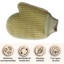 Ein gelber Peeling-Badehandschuh mit gestrickter Textur, dargestellt über vier Symbolen, die auf umweltfreundliche Materialien, Wiederverwendbarkeit/Doppelseitigkeit, Peeling-Massage und Eignung für alle Hauttypen hinweisen.