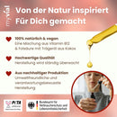Ein myvial Produktbild mit dem Text „Von der Natur inspiriert – Für Dich gemacht“, das die Qualität (100% natürlich & vegan, hochwertige Qualität, nachhaltige Produktion) hervorhebt, unterstützt durch PETA Approved- und Bundesamt für Verbraucherschutz und Lebensmittelsicherheit-Zertifizierungen.