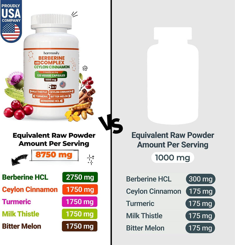 HARMONIFY Berberine with Ceylon Cinnamon, Pure Turmeric, Milk Thistle &amp; Bitter Melon, 5-in-1 Formula, 120 Purified Vegetable Capsules 1000 mg | Gluten-Free, Non-GMO