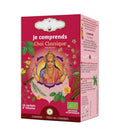 Eine pinke Schachtel "Je comprends Chai Classique" koffeinfreier Ayurveda-Tee mit einer hinduistischen Gottheit und Gewürzabbildungen.