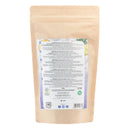 Die Rückseite eines Kraftpapierbeutels von ERBAVOGLIO Butterfly Pea Tea, die detaillierte Produktinformationen in Italienisch, Englisch und Deutsch zeigt, einschließlich Zutaten, Lagerung, Dosierung und Warnhinweisen.