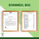 Sommeil Bio Premiumprodukt mit gerahmten französischen Zertifikaten, zeigt behördliche Registrierung und Qualitätssicherung.
