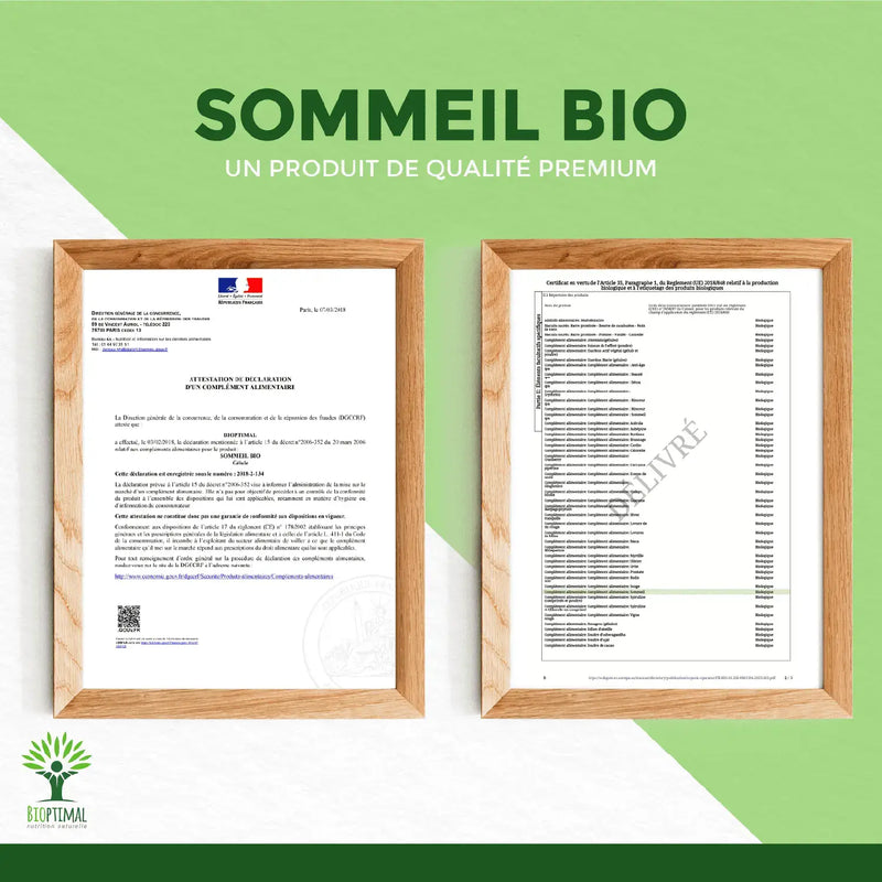 Sommeil Bio Premiumprodukt mit gerahmten französischen Zertifikaten, zeigt behördliche Registrierung und Qualitätssicherung.