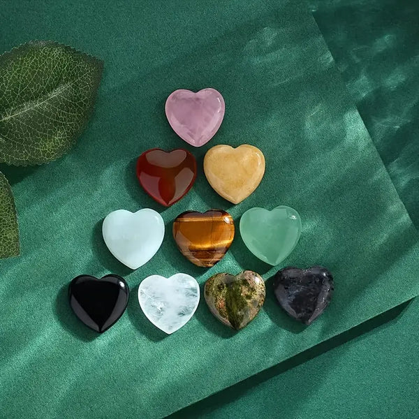 Set of 10 Heart-Shaped Crystals - Polished Natural Gemstones for Reiki, Meditation &amp; Energy Balancing - Assortment of Rose Quartz &amp; Amethyst