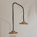 Ein Paar kleiner, verzierter Tingsha-Zimbeln aus Messing oder Bronze, hängend an einer schwarzen Schnur, vor einer schlichten Wand mit einem Palmenblattschatten.