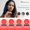 Eine Werbung für die Kojie San Skin Brightening Soap, die eine Frau zeigt und die Vorteile auflistet: Klinisch erwiesen, Dermatologisch getestet (Dermatologically Tested), Parabenfrei und vier Hauptfunktionen: Aufhellend, Feuchtigkeitsspendend , Hydratisierend  und Reinigend .