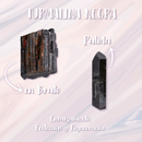 Schwarzer Turmalin-Kristall in roher (en Bruto) und polierter (Pulida) Form mit Text.