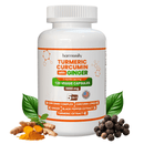 Eine Flasche Harmonify Turmeric Curcumin mit Ingwer, umgeben von seinen Hauptzutaten: Kurkumawurzel, gemahlener Kurkuma, Ingwer und schwarze Pfefferkörner, die die 5-in-1-Formel des Produkts (Curcumin Complex, Curcuma Longa, Ginger, Black Pepper Extract, Turmeric Extract) betonen.