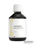 Eine dunkle Flasche Zinzino BalanceOil+ mit Zitronengeschmack, einem gelben Moleküldesign und dem Logo für die norwegische Formulierung.