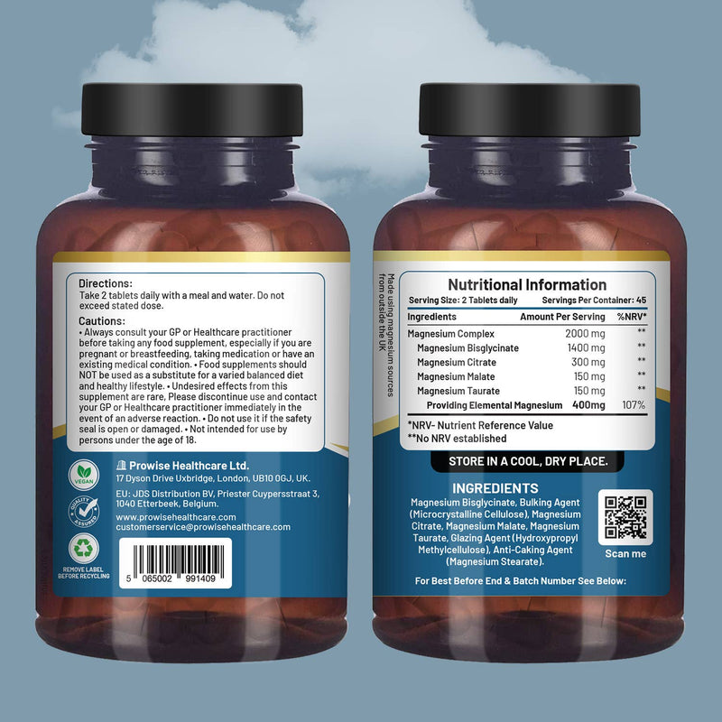  Die Rückseite einer Prowise Magnesium Complex Flasche, die Nährwertangaben, Anweisungen, Vorsichtsmaßnahmen, Recycling-Informationen und Kontaktinformationen des Herstellers zeigt.