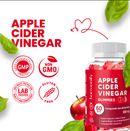 Eine Flasche Harmonify Apfelessig-Gummibärchen, die Zertifizierungen wie "GMP", "Non GMO", "Lab Tested" und "Gluten Free" hervorhebt, mit grünen Blättern und einem Herzsymbol.