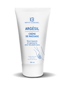 Weiße Tube 'Argésil Crème de Massage' von Institut Claude Bell, 150 ml, nährende und beruhigende Creme für trockene Füße, angereichert mit weißer Tonerde und Aloe Vera, auf weißem Hintergrund.