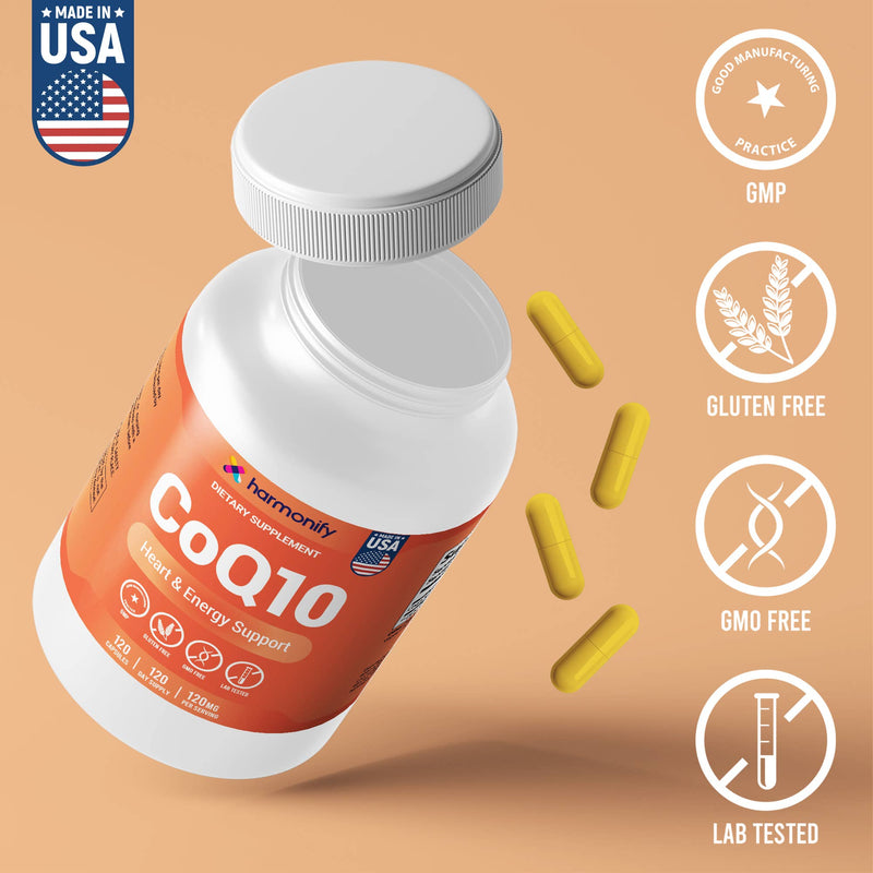 Eine Flasche Harmonify CoQ10 Nahrungsergänzungsmittel, 120 mg pro Portion, mit 120 Kapseln, hervorhebend "Hergestellt in den USA" sowie GMP-, Glutenfrei-, GVO-frei- und Labortest-Zertifizierungen.