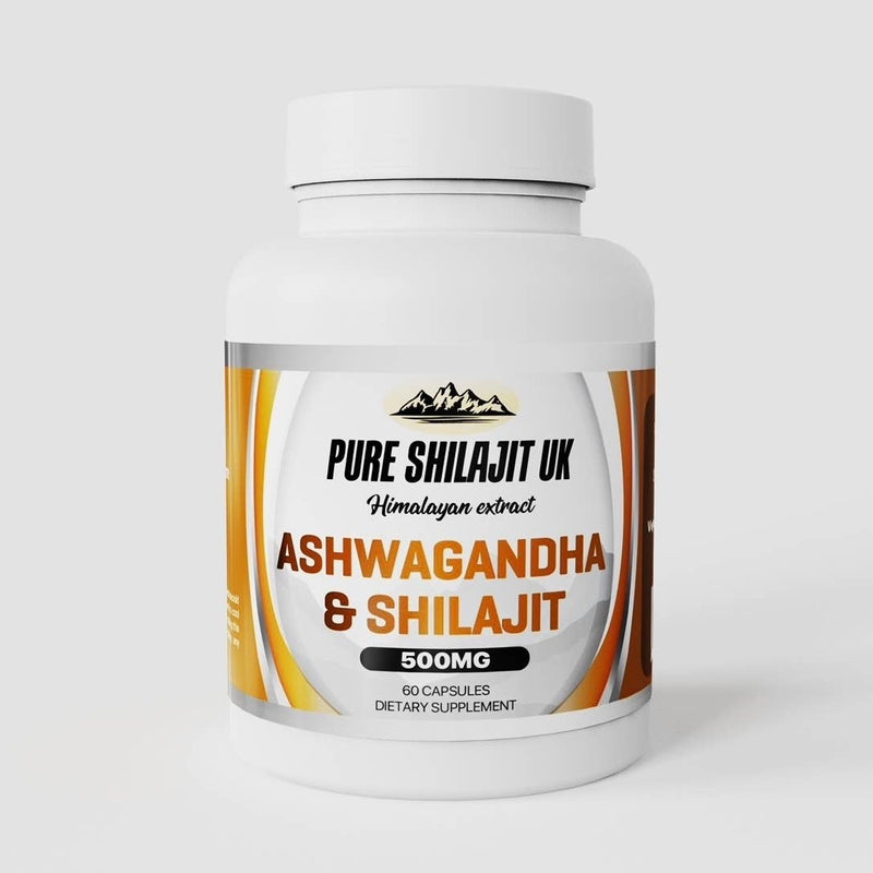 Eine weiße Flasche mit der Aufschrift "PURE SHILAJIT UK Himalayan extract ASHWAGANDHA & SHILAJIT 500MG 60 KAPSELN NAHRUNGSERGÄNZUNGSMITTEL", mit einem Berg-Logo.