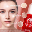 Das Gesicht einer jungen Frau mit Hautproblemen wie „feuchtigkeitsarmer Haut“, „stumpfer Haut“ und „ungleichmäßigem Hautton“. Ein rotes Serumprodukt ist teilweise sichtbar. Das Bild vermittelt den Fokus auf Hautpflege.