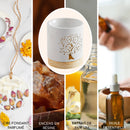 Eine vierteilige Collage mit einer zentralen Lebensbaum-Duftlampe, umgeben von vier Duftprodukten: Duftwachs-Melt, Harz-Räucherwerk, Parfüm-Extrakt und ätherisches Öl.