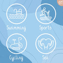 Symbole, die mit einer Menstruationsscheibe kompatible Aktivitäten illustrieren: Schwimmen, Sport, Radfahren und Sex, auf hellblauem Hintergrund.
