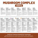 Eine detaillierte Darstellung des Prowise Mushroom Complex, einschließlich Nährwerttabellen und Anwendungsinformationen in mehreren Sprachen wie Italienisch, Französisch, Deutsch, Niederländisch, Polnisch und Schwedisch.