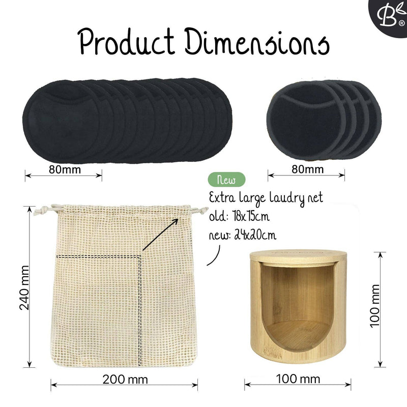 Maße von wiederverwendbaren Make-up-Entfernerpads (80 mm), einem großen Wäschenetz (240x200 mm) und einem Bambushalter (100x100 mm), alle in Schwarz und Beige.