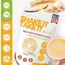 Eine Packung "SHAKE IT TAKE IT" Mahlzeitenersatz-Shake (Vanille-Geschmack) für Frauen formuliert, mit 115 Kalorien und 15g Protein pro Portion, hervorhebend Zertifizierungen wie GMP, Koscher und Dermatologisch getestet.
