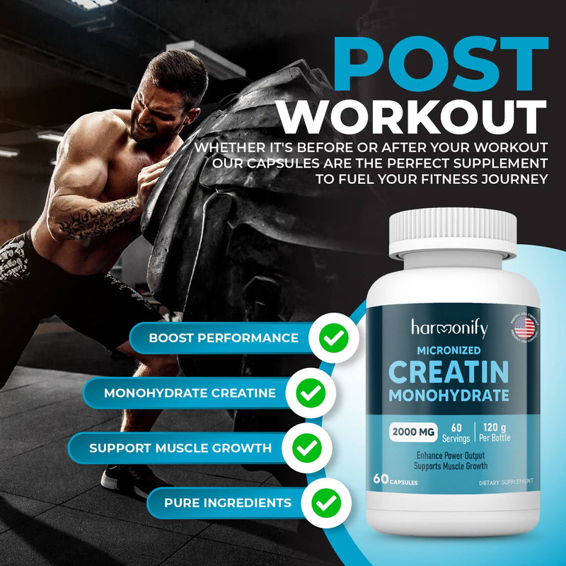 Ein muskulöser Mann, der einen großen Reifen hebt, im Vordergrund eine Flasche Harmonify Micronized Creatine Monohydrate. Textfelder heben die Vorteile hervor: Leistungssteigerung, reines Monohydrat-Kreatin, Muskelwachstum und reine Inhaltsstoffe.