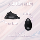 Eine Werbegrafik für schwarzen Obsidian. Sie zeigt ein Stück rohen schwarzen Obsidians und einen polierten, eiförmigen schwarzen Obsidians. Der Text listet die spirituellen Eigenschaften des Steins auf: „Introspektion, Wachstum und Transformation."