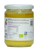  Das rückseitige Etikett eines Glasgefäßes mit "Ayurveda autentico Ghee" (geklärte Butter), das 350g Gewicht anzeigt. Es gibt die Inhaltsstoffe als 100 % geklärte Kuhbutter an und liefert Nährwertinformationen pro 100g sowie Zertifizierungslogos.