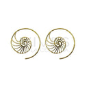 Ein Paar passender, spiralförmiger Ohrringe aus Messing oder goldfarbenem Draht, gestaltet in dem komplexen, gekammerte Muster einer Nautilus-Muschel.