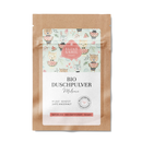 Eine braune Tüte mit Etikett, darauf steht „Bio Duschpulver Melone“, bunte Tierzeichnungen mit Melonen, geeignet für Kinder.