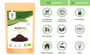 Eine Packung Bio-Acai-Pulver mit Zertifizierungen, Verwendungsmöglichkeiten für Smoothies und Bowls und Garantien wie glutenfrei und vegan.
