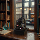 Ein beleuchteter Buddha-Zimmerbrunnen auf einem Holzschreibtisch an einem regennassen Fenster mit Bücherregal.