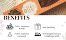 Eine Grafik mit dem Titel „BENEFITS“ (Vorteile), die vier Verwendungszwecke für Räucherstäbchen bewirbt: Perfekt für Gebete und Pooja, Ideal als Geschenk, Perfekter Meditationsbegleiter und Erfrischt Innenräume mit angenehmem Geruch. Eine teilweise sichtbare Schachtel Ayurveda Sage Mint Räucherstäbchen ist oben zu sehen.







Eine Grafik mit dem Titel „BENEFITS“ (Vorteile), die vier Verwendungszwecke für Räucherstäbchen bewirbt: Perfekt für Gebete und Pooja, Ideal als Geschenk, Perfekter Meditationsbegle
