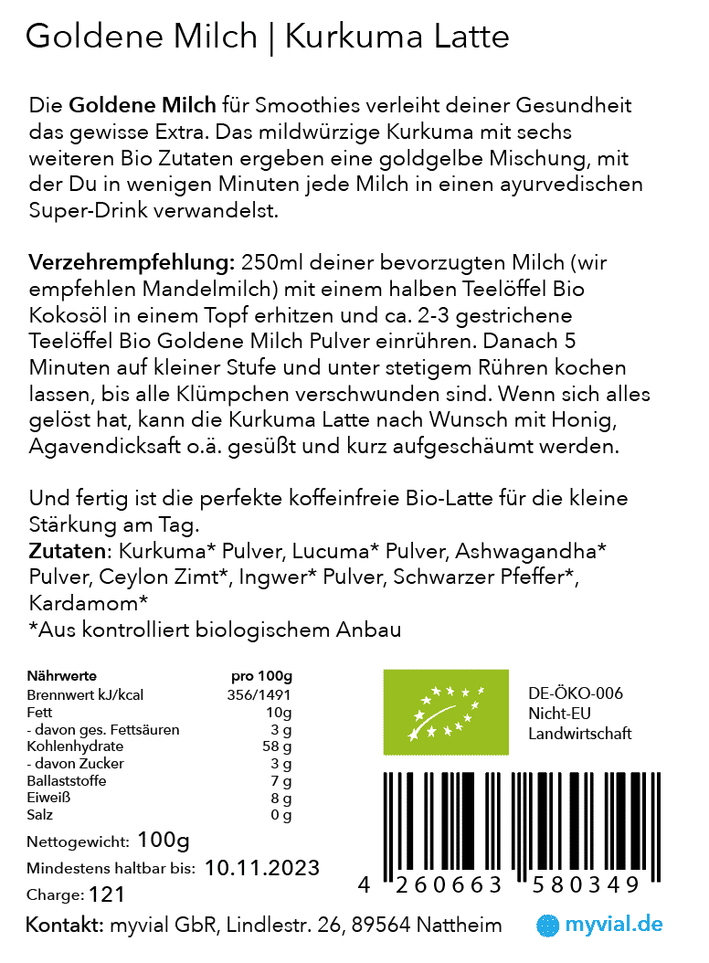 Bio Goldene Milch Latte 100g mit 7 ayurvedischen Zutaten