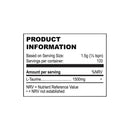 Nahaufnahme des Produktinformationsetiketts für Taurin, das die Nährwertangaben pro Portion zeigt.

