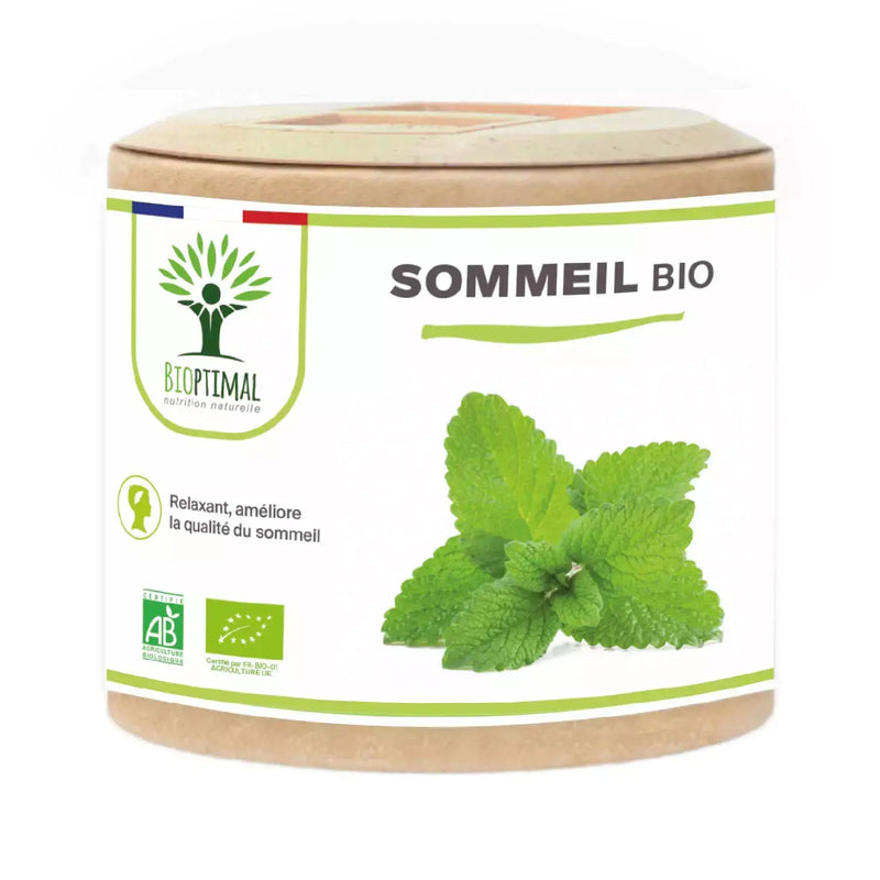 Bioptimal Sommeil Bio, Bio-zertifiziert, fördert Entspannung und bessere Schlafqualität, mit Zitronenmelisse-Abbildung.
