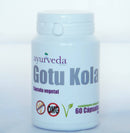 Weiße Flasche mit violettem "Ayurveda Gotu Kola" Etikett und Symbolen für glutenfrei, OMG und 60 Kapseln.