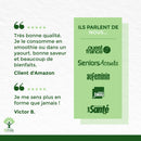 Testimonials auf weiß-grünem Hintergrund. Links Zitate zu Produktqualität und -nutzen. Rechts Logos von Medien, die über das Produkt sprechen.