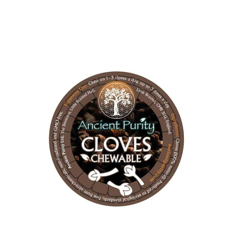 Close-up of the round label on a clove jar, showing information on ingredients and suggested use.