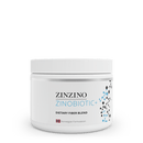 Eine weiße Dose Zinzino ZinoBiotic+ Ballaststoffmischung mit einem blau-schwarzen Moleküldesign und dem norwegischen Flaggensymbol.