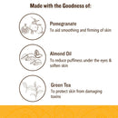 Eine Liste der Hauptinhaltsstoffe und ihrer Vorteile: Granatapfel zur Glättung, Mandelöl gegen Schwellungen und Grüner Tee zum Hautschutz.