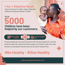 Eine Werbegrafik von Prowise Healthcare für das 1-für-1 Vitamins Match Programm, in Partnerschaft mit Vitamin Angels UK. Sie besagt, dass bisher 5000 Kinder geholfen wurde und zeigt ein Foto einer Mutter, die ihr Baby hält und küsst.