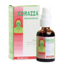 Ein Produktbild, das eine Schachtel und eine Sprühflasche von CORAZZA Natural-Biotic von ERBAVOGLIO zeigt. Es handelt sich um ein Spray, beschriftet mit „Erisimo e Timo“ (Wilde Rauke und Thymian), das als „complemento alimentare“ (Nahrungsergänzungsmittel) gekennzeichnet ist.