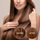 Eine Frau mit langem, glattem, glänzendem braunem Haar, die mit der Hand hindurchfährt. Die Kreise zeigen ein Vorher-Bild mit trockenem, krausem, stumpfem Haar und ein Nachher-Bild mit glattem, gesundem, leuchtendem braunem Haar.