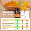 Eine Vergleichsgrafik mit der Frage „Why Choose Prowise Supplement?“ (Warum Prowise Ergänzungsmittel wählen?), die die Flasche Prowise Organic Turmeric und eine Tabelle zeigt, welche deren Merkmale – UK Manufactured, 100$ Organic Ingredients, No Artificial Colours, und 100% Money Back – mit zwei Konkurrenten vergleicht, wobei Prowise eine volle Spalte grüner Häkchen aufweist.