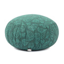 Grünes Meditationskissen mit Blattmuster, rundes und plissiertes Design.