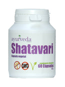 Vorderseite einer weißen Flasche Shatavari Nahrungsergänzungsmittel mit dem Markenlogo, "Shatavari" in lila Schrift, sowie "Kapsel pflanzlich", "Sin Gluten", "OMG" und "60 Kapseln" Indikatoren.