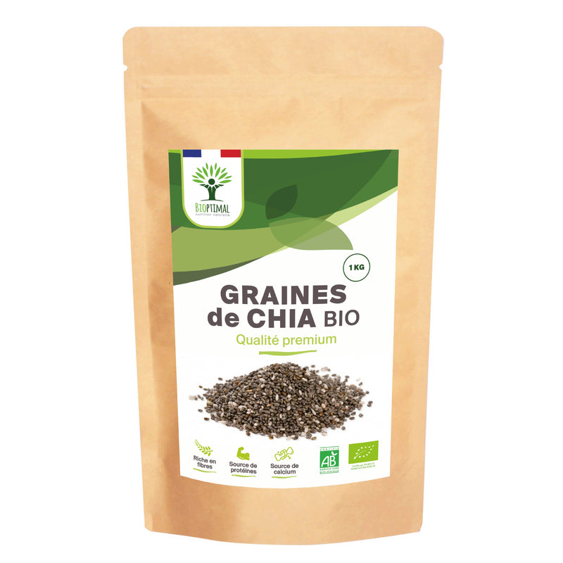 Eine braune Papiertüte von "BIOPTIMAL" mit 1 KG Bio-Chiasamen und der Aufschrift "GRAINES de CHIA BIO Qualité premium". Die Verpackung hebt Vorteile wie Ballaststoffe, Proteine und Kalzium hervor.