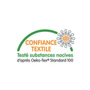 Das OEKO-TEX® Standard 100-Label mit der Aufschrift "CONFIANCE TEXTILE" (Textiles Vertrauen). Der französische Text darunter lautet: "Testé substances nocives d'après Oeko-Tex® Standard 100" (Auf Schadstoffe geprüft nach Oeko-Tex® Standard 100).